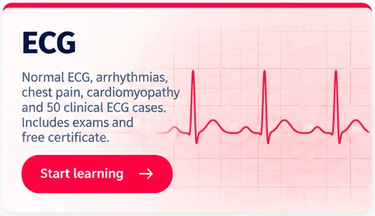 ECG courses: normal ECG, arrhythmias, chest pain, cardiomyopathy and 50 clinical ECG cases, with exam and free certificate
